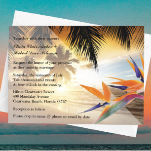 Invitación Boda Atardecer en la Playa Palmeras Ave del Paraís