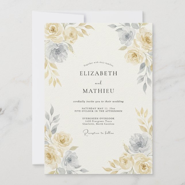 Invitación Boda atemporal de acuarela en amarillo pálido (Anverso)