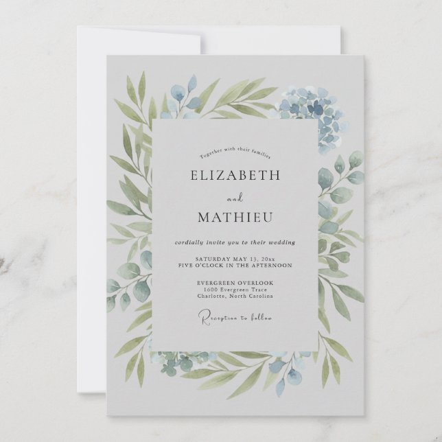 Invitación Boda atemporal en azul polvo frondoso (Anverso)