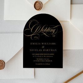 Invitación Boda atemporal en negro y dorado todo en uno