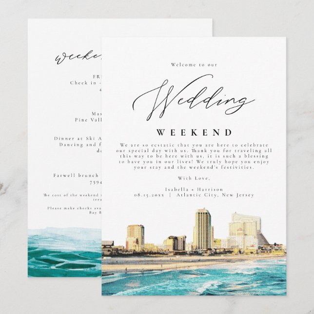 Invitación BODA ATLÁNTICO CITY Bienvenida Itinerario En (Anverso / Reverso)