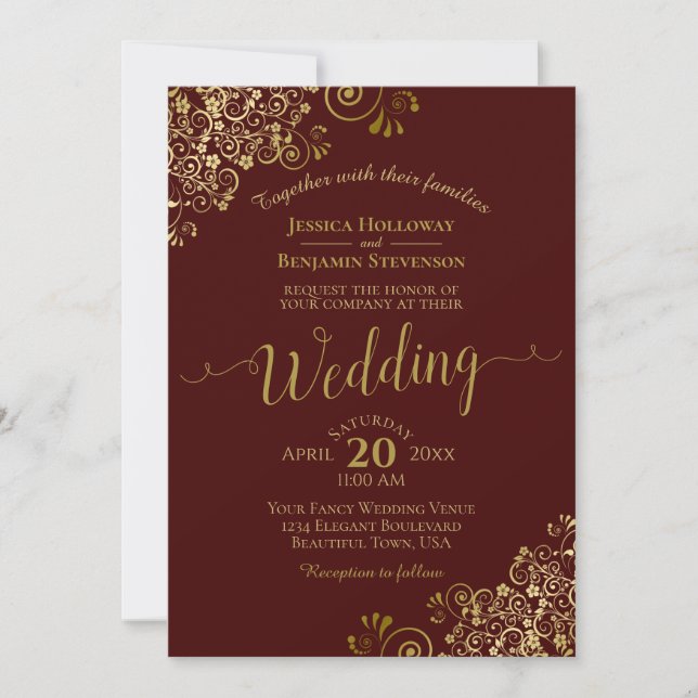Invitación Boda Auburn Brown elegante de Gold Frills (Anverso)