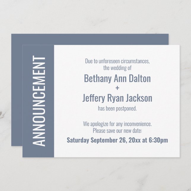 Invitación Boda audaz azul turbulento pospuesto (Anverso / Reverso)