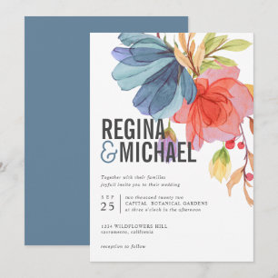 Invitación Boda audaz de acuarela moderna azul Flores salvaje