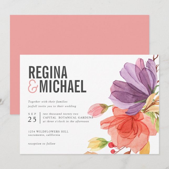 Invitación Boda audaz de acuarela moderna de flores silvestre (Anverso / Reverso)