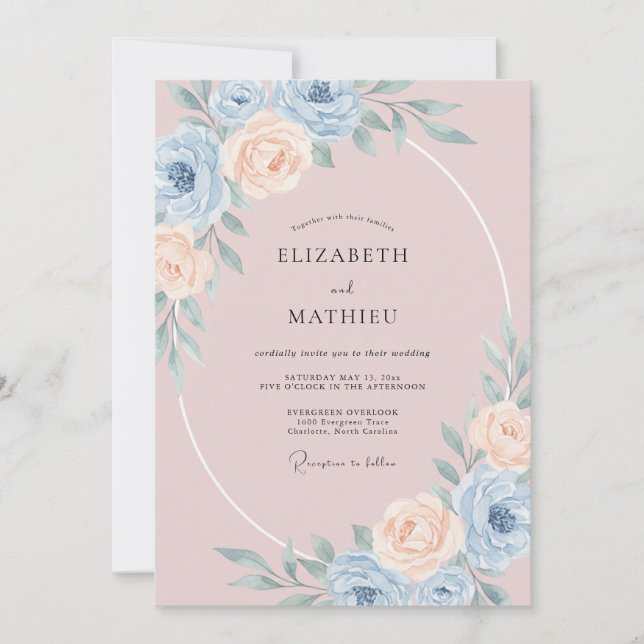 Invitación Boda Aura Flor de Azul Polvoriento (Anverso)