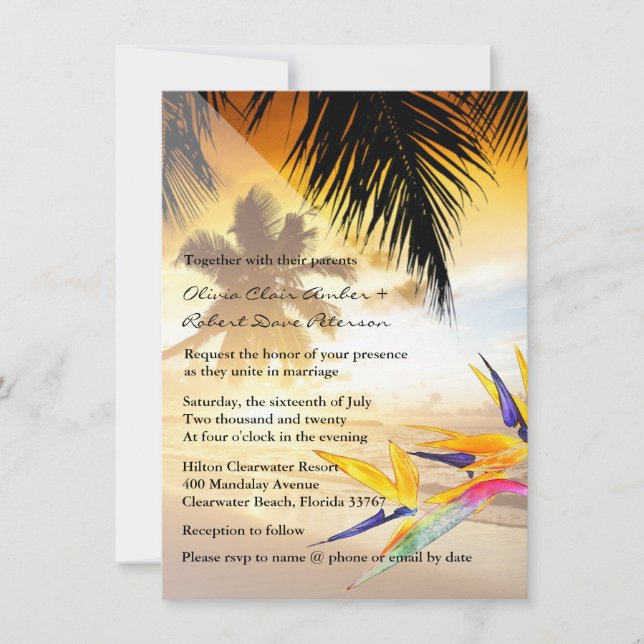 Invitación Boda Ave-de-Paraíso de Palmeras Playa (Anverso)