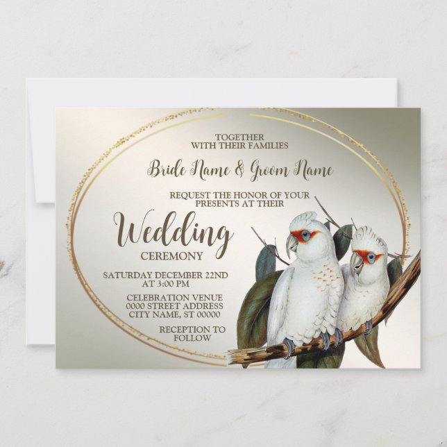 Invitación Boda Aves Blancas Cockatoo Green deja a la rusa (Anverso)