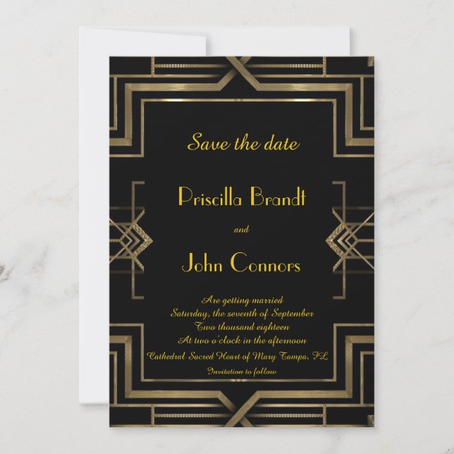Invitación Boda - Avisa fecha, negro, gran-Gatsby, letra manu (Anverso)