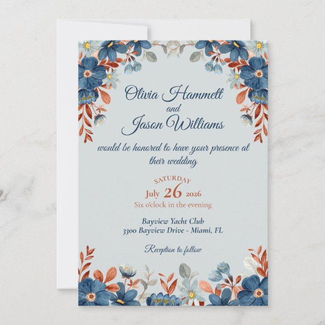 Invitación Boda Azul Aciano y Cobre (Anverso)