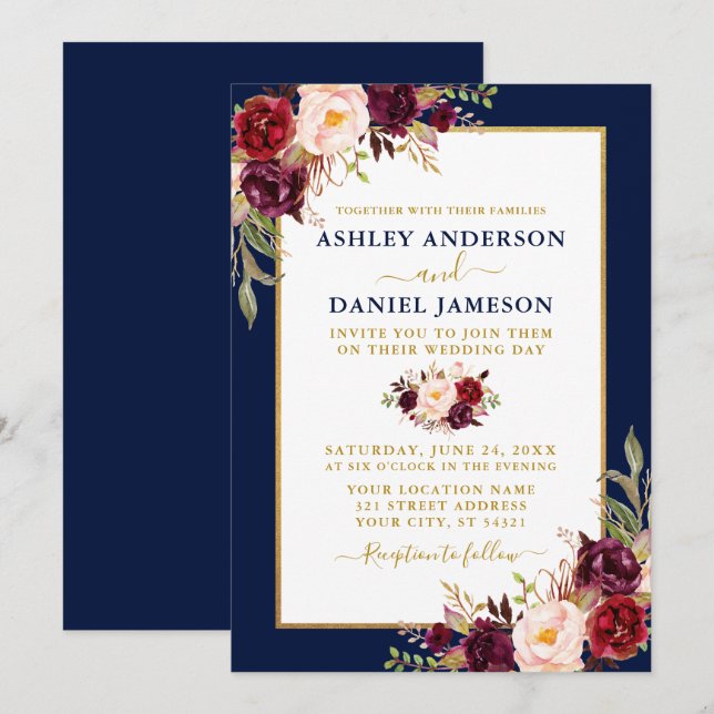 Invitación Boda azul acuarela de borgoña floral de oro (Anverso / Reverso)