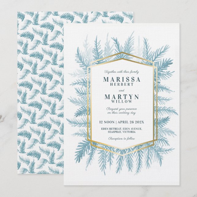 Invitación Boda azul acuarela de color evergreen de invierno (Anverso / Reverso)