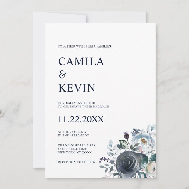 Invitación Boda azul acuarela Floral Classic Navy (Anverso)