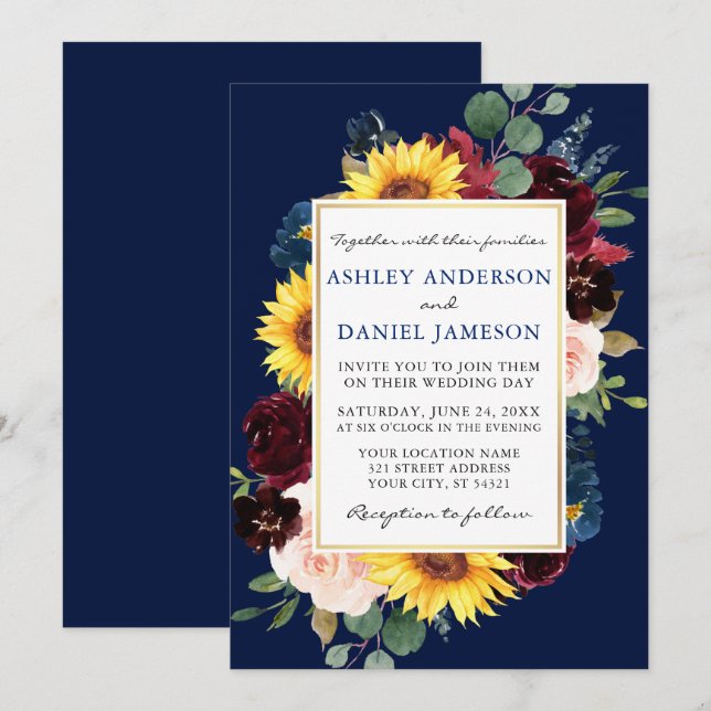 Invitación Boda azul acuarela floral dorado (Anverso / Reverso)