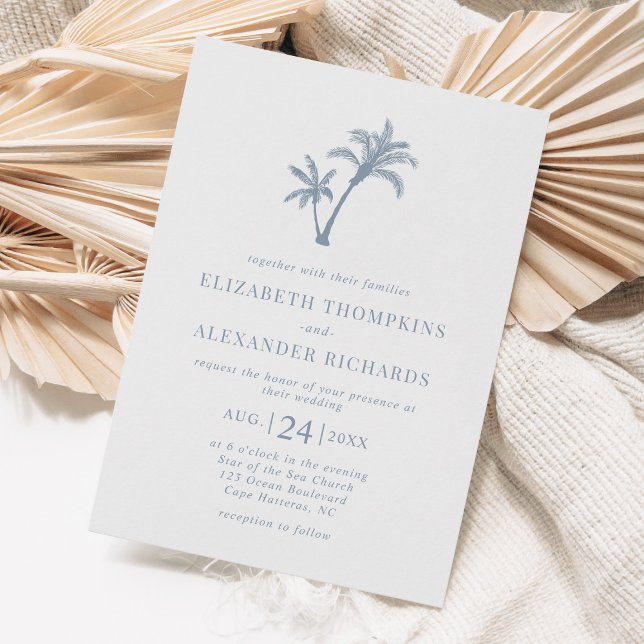 Invitación Boda azul agitado de palmeras de playa tropical (Subido por el creador)