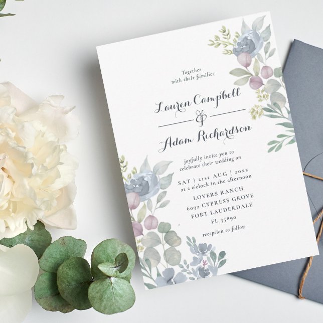 Invitación Boda azul agitado y floral de eucalipto ruso (Subido por el creador)