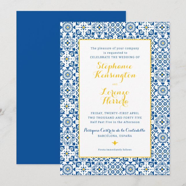 Invitación Boda azul amarillo amarillo de mosaico mediterráne (Anverso / Reverso)