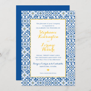 Invitación Boda azul amarillo amarillo de mosaico mediterráne