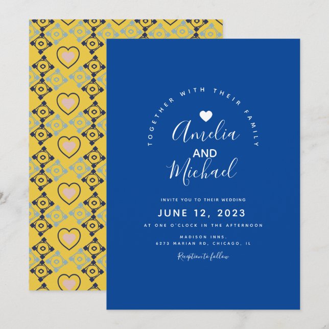 Invitación Boda Azul Amarillo Corazón Mediterráneo Moderno (Anverso / Reverso)