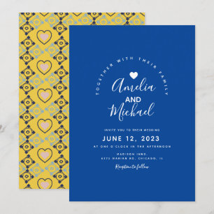 Invitación Boda Azul Amarillo Corazón Mediterráneo Moderno