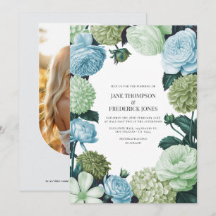 Invitación Boda Azul Ártico, Pino Helado y Musgo de Nube