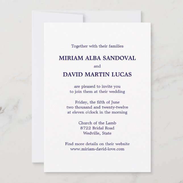 Invitación Boda azul bilingüe formal minimalista (Anverso)