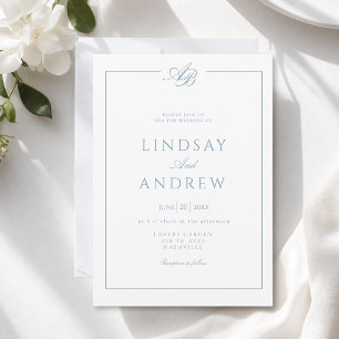 Invitación Boda Azul Blanco Borde Monograma Elegante