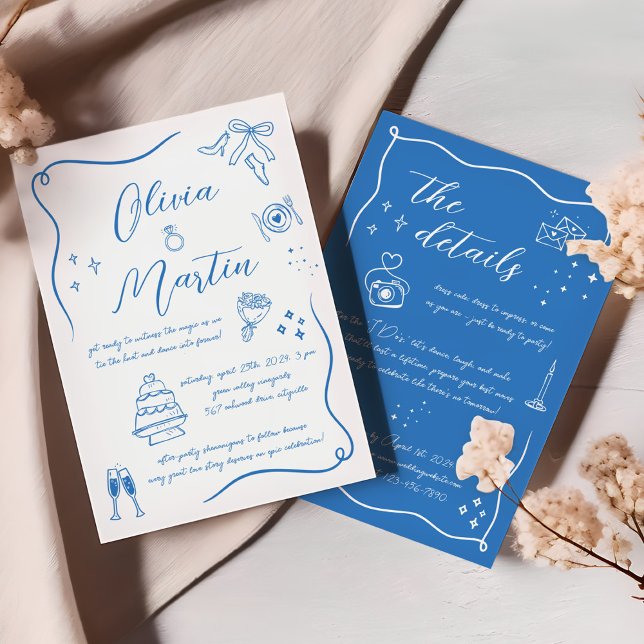 Invitación Boda azul blanco dibujado a mano (Subido por el creador)