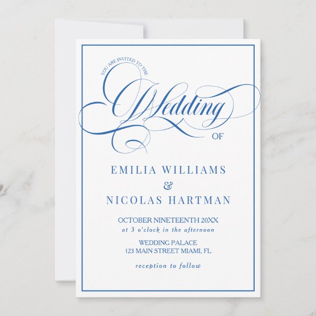 Invitación Boda Azul Blanco Editorial Todo En Uno (Anverso)