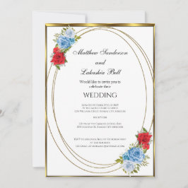 Invitación Boda Azul Blanco Rojo Flores doradas Elegante