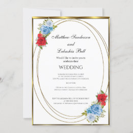 Invitación Boda Azul Blanco Rojo Flores doradas Elegante