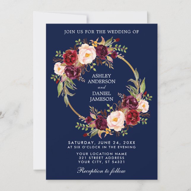Invitación Boda azul borgoña floral acuarela (Anverso)