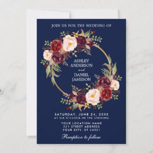Invitación Boda azul borgoña floral acuarela
