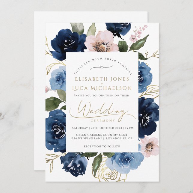 Invitación Boda azul botánico de la Marina Rubor Gold Florals (Anverso / Reverso)