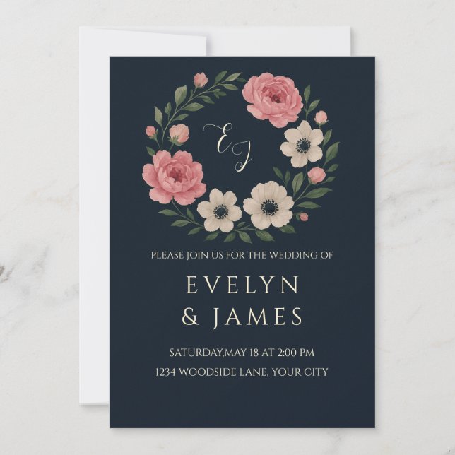 Invitación Boda azul botánico moderno (Anverso)
