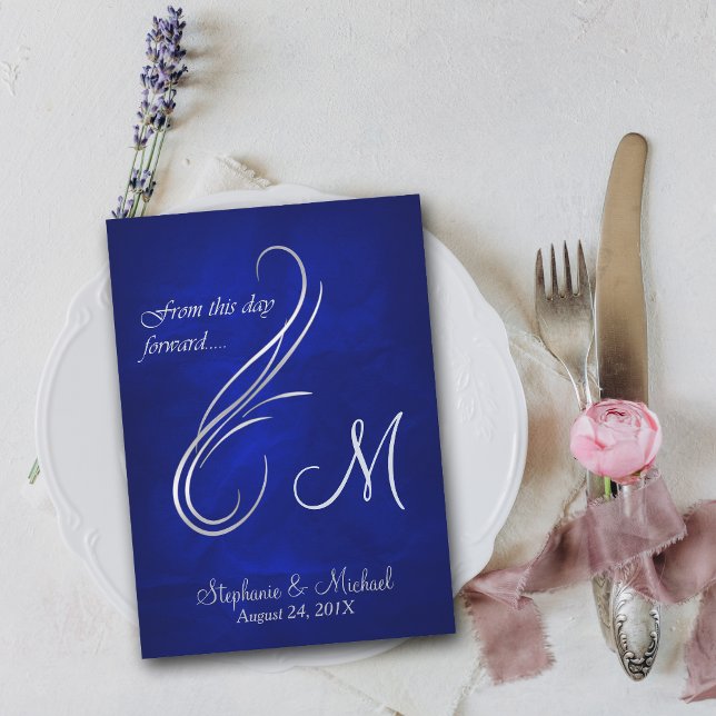 Invitación Boda azul brillante con monograma giratorio platea (Subido por el creador)