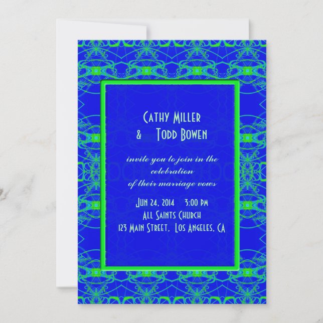Invitación Boda azul brillante del modelo de la verde lima (Anverso)