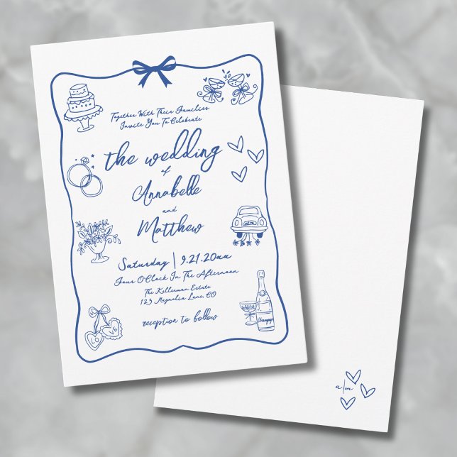 Invitación Boda Azul Caprichosa Dibujada a Mano (Hand Drawn Whimsical Blue Wedding Invitation)