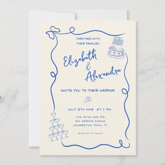 Invitación Boda azul caprichoso de mano (Anverso)