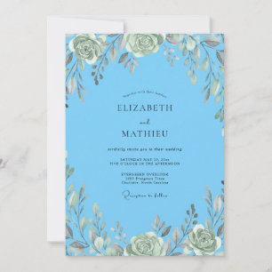 Invitación Boda azul celeste con salvia silenciada frondosa