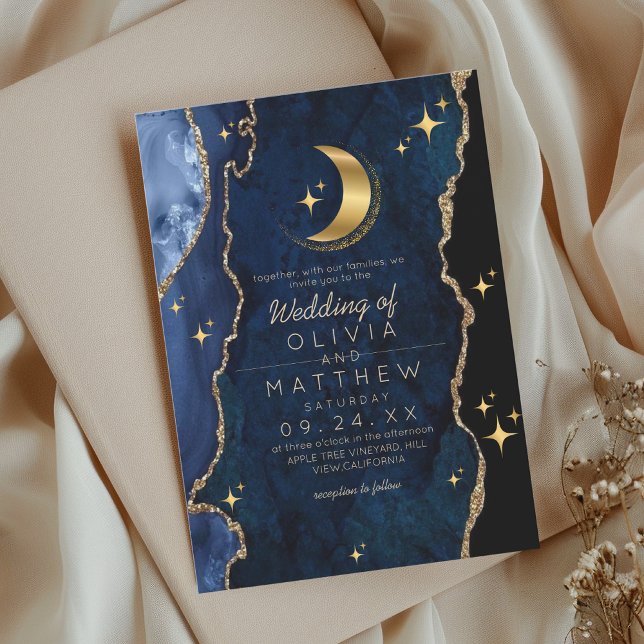 Invitación Boda azul celestial Luna de Estrellas Medianoche (Subido por el creador)
