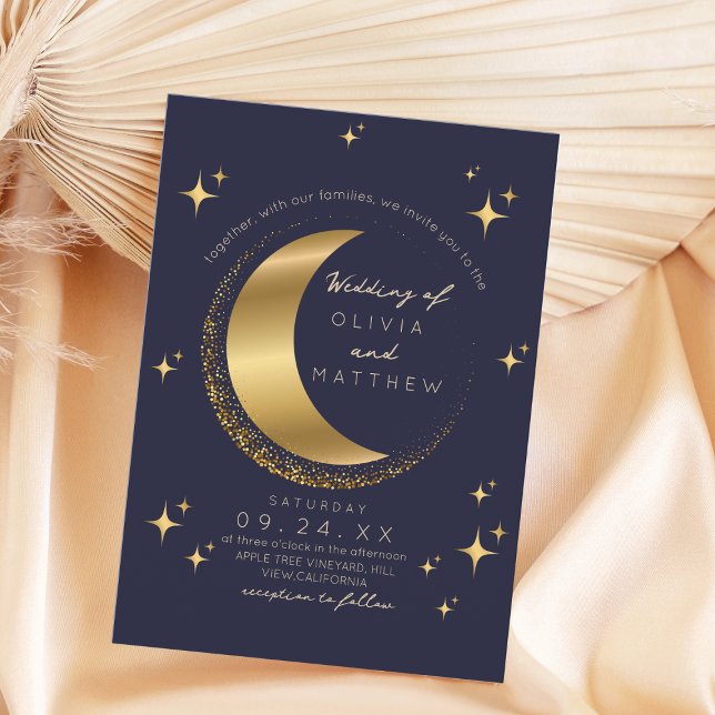 Invitación Boda azul celestial Luna de Estrellas Medianoche (Subido por el creador)