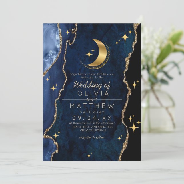 Invitación Boda azul celestial Luna de Estrellas Medianoche (Anverso de pie)