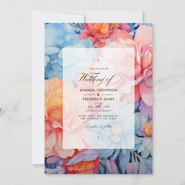 Invitación Boda azul claro, coral y melodía (Anverso)