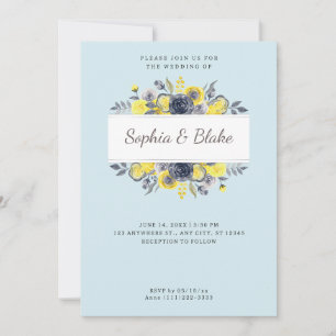 Invitación Boda azul claro del marco floral amarillo y azul
