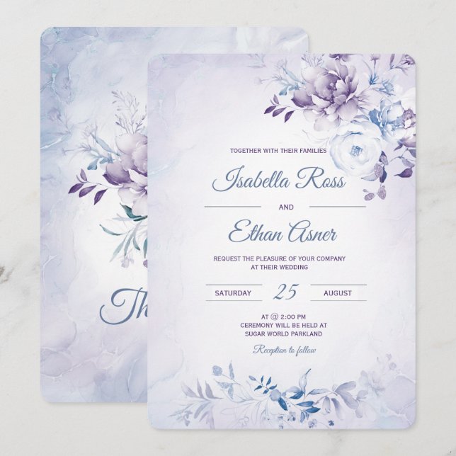 Invitación Boda azul claro y lavanda (Anverso / Reverso)