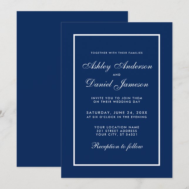 Invitación Boda azul clásico elegante (Anverso / Reverso)