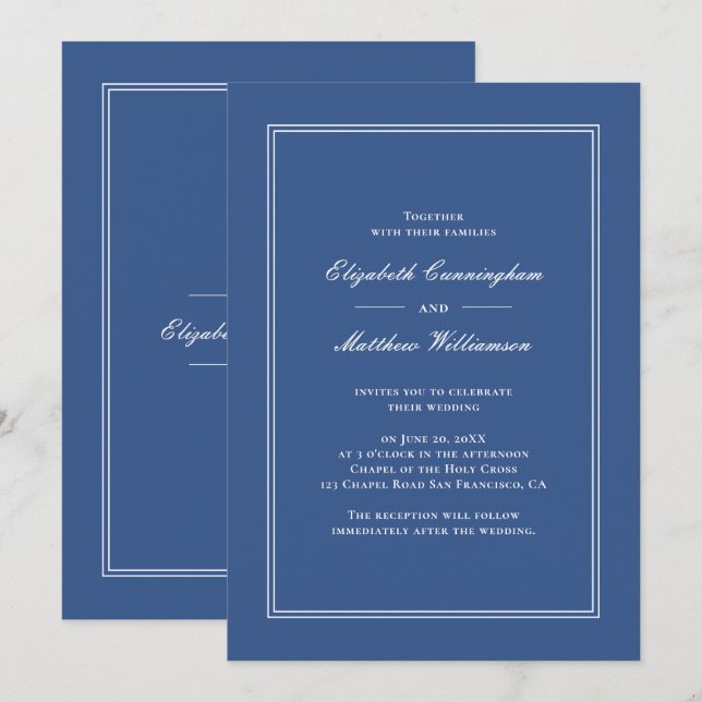 Invitación Boda azul clásico elegante (Anverso / Reverso)