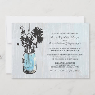 Invitación Boda azul colgante rústica del tarro de albañil