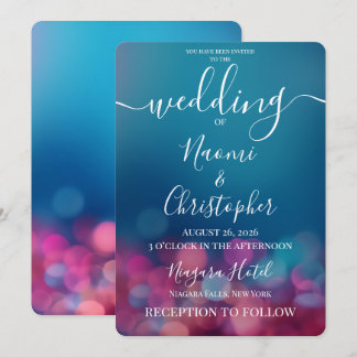 Invitación Boda azul con bokeh rosa personalizable